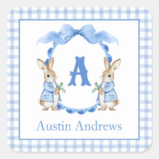 Blue Bunny Rabbit Gingham Monogram Crest Vierkante Sticker