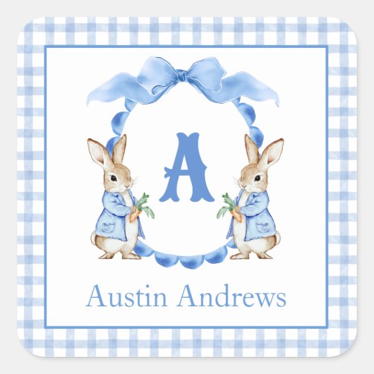 Blue Bunny Rabbit Gingham Monogram Crest Vierkante Sticker (Voorkant)