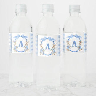 Blue Bunny Rabbit Gingham Monogram Crest Waterfles Etiket