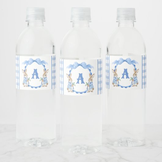 Blue Bunny Rabbit Gingham Monogram Crest Waterfles Etiket (Flessen)
