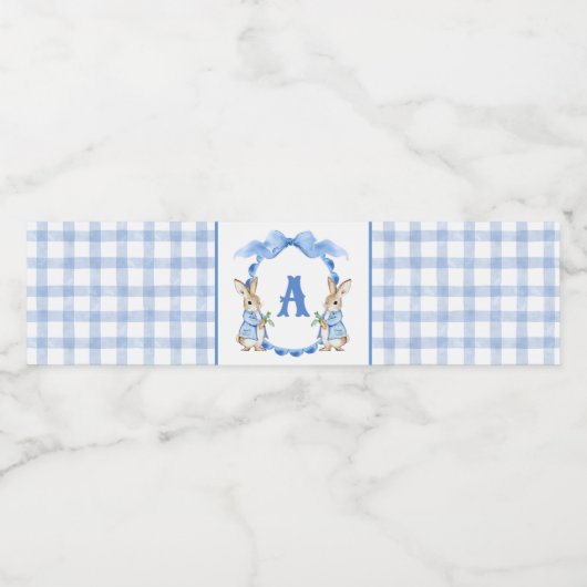 Blue Bunny Rabbit Gingham Monogram Crest Waterfles Etiket (Enkel label)
