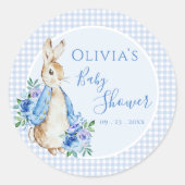 Blue Bunny Rabbit Gingham Waterverf Baby shower Ronde Sticker (Voorkant)