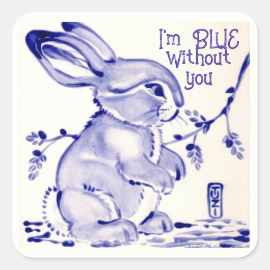 Blue Bunny Rabbit Missing You Schattige Artistic Vierkante Sticker (Voorkant)