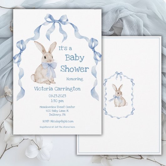 Blue Bunny Rabbit Ribbon Boy Baby Kaart