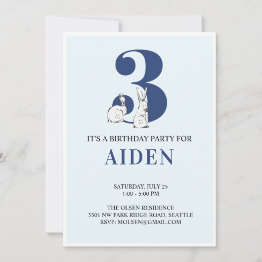 Blue Bunny Third Birthday Invitation Kaart (Voorkant)