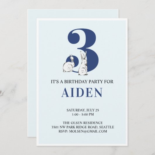 Blue Bunny Third Birthday Invitation Kaart (Voorkant / Achterkant)
