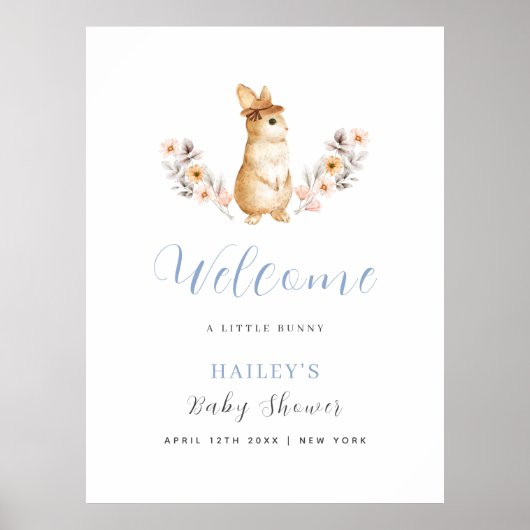 Blue Bunny Wildflower Welkom Baby shower Poster (Voorkant)