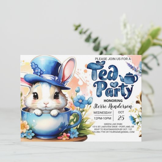 Blue Bunny Wonderland Tea Party Boy Baby shower Kaart (Staand voorkant)