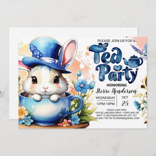 Blue Bunny Wonderland Tea Party Boy Baby shower Kaart (Voorkant / Achterkant)