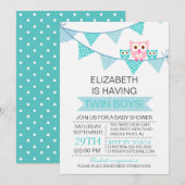 Blue Bunting Pennant Uil TWIN Boys Baby shower Kaart (Voorkant / Achterkant)