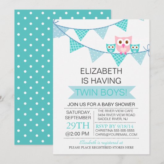 Blue Bunting Pennant Uil TWIN Boys Baby shower Kaart (Voorkant / Achterkant)