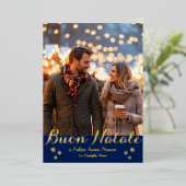 Blue Buon Natale Felice Anno Nuovo Script Foto Folie Feestdagenkaart (Staand Voorkant)