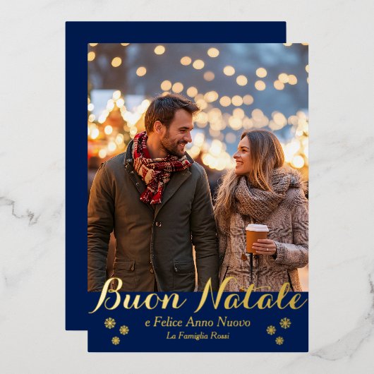 Blue Buon Natale Felice Anno Nuovo Script Foto Folie Feestdagenkaart (Voorkant / Achterkant)