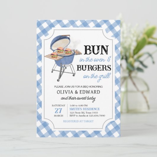 Blue Burger BBQ Baby shower Kaart (Staand voorkant)