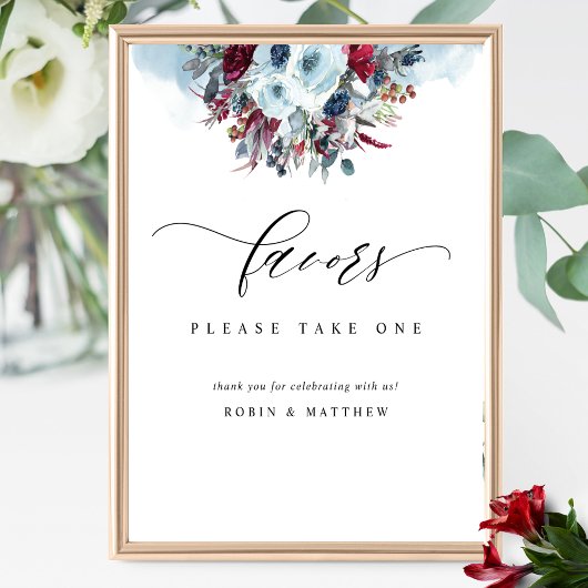 Blue Burgundy and Red Floral Wedding for Sign Poster