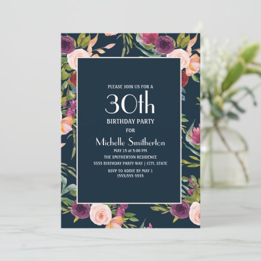 Blue Burgundy Blush Floral 30th Birthday Kaart (Staand voorkant)