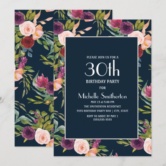 Blue Burgundy Blush Floral 30th Birthday Kaart (Voorkant / Achterkant)