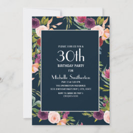 Blue Burgundy Blush Floral 30th Birthday Kaart