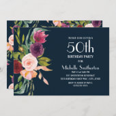 Blue Burgundy Blush Floral 50th Birthday Kaart (Voorkant / Achterkant)