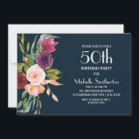 Blue Burgundy Blush Floral 50th Birthday Kaart<br><div class="desc">Elegant navy blue,  burgundy,  en wazige roze waterverf in boho-stijl floral 50th verjaardagsfeest uitnodiging voor vrouwen horizontaal geformatteerd. Deze uitnodiging is volledig aanpasbaar wanneer u de ontwerpgereedschappen van Zazzle gebruikt. Neem contact met ons op voor hulp bij aanpassingen of om passende producten aan te vragen.</div>