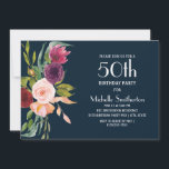 Blue Burgundy Blush Floral 50th Birthday Kaart<br><div class="desc">Elegant navy blue,  burgundy,  en wazige roze waterverf in boho-stijl floral 50th verjaardagsfeest uitnodiging voor vrouwen horizontaal geformatteerd. Deze uitnodiging is volledig aanpasbaar wanneer u de ontwerpgereedschappen van Zazzle gebruikt. Neem contact met ons op voor hulp bij aanpassingen of om passende producten aan te vragen.</div>