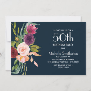 Blue Burgundy Blush Floral 50th Birthday Kaart