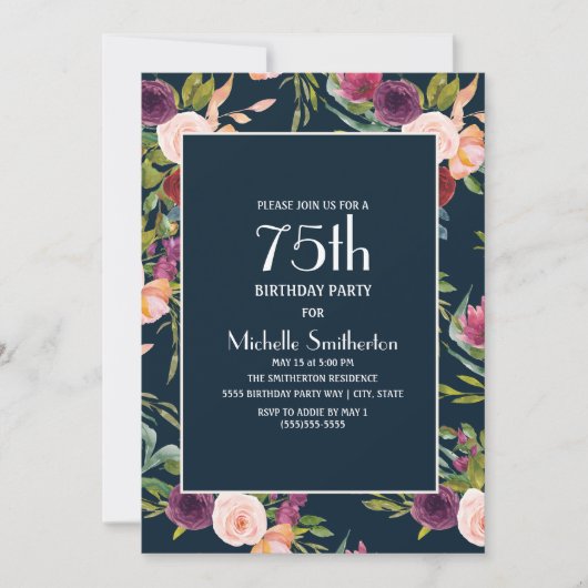 Blue Burgundy Blush Floral 75th Birthday Kaart (Voorkant)