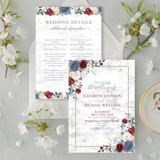 Blue Burgundy Blush Gold Floral Details Wedding Kaart