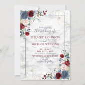Blue Burgundy Blush Gold Floral Details Wedding Kaart (Voorkant)