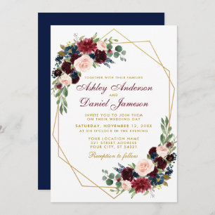 Blue Burgundy Floral Geometric Gold Wedding B Kaart