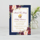 Blue Burgundy Floral Gold Bridal Tea Party Invite Kaart (Staand voorkant)