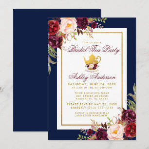 Blue Burgundy Floral Gold Bridal Tea Party Invite Kaart