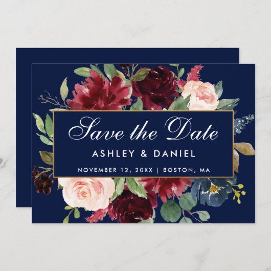 Blue Burgundy Floral Gold Save the Date (Voorkant / Achterkant)