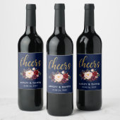 Blue Burgundy Floral Gold Wedding Cheers Wijn Etiket (Flessen)
