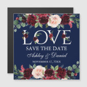 Blue Burgundy Floral Love Magnetic Save the Date (Voorkant / Achterkant)
