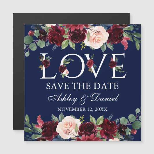 Blue Burgundy Floral Love Magnetic Save the Date (Voorkant / Achterkant)