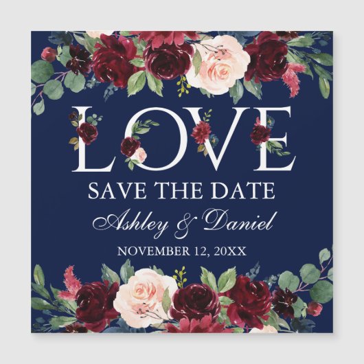 Blue Burgundy Floral Love Magnetic Save the Date (Voorkant)