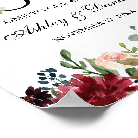 Blue Burgundy Floral Love Weddenschap Welkom Poster (Hoek)