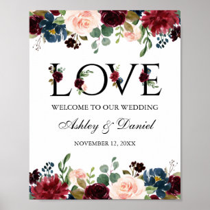 Blue Burgundy Floral Love Weddenschap Welkom Poster
