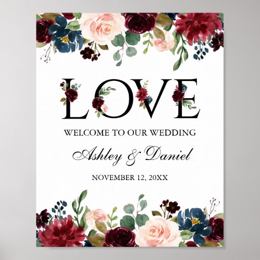 Blue Burgundy Floral Love Weddenschap Welkom Poster (Voorkant)