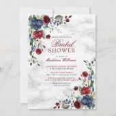 Blue Burgundy Floral Marble Script Elegant Bridal Kaart (Voorkant)