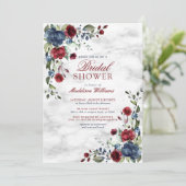 Blue Burgundy Floral Marble Script Elegant Bridal Kaart (Staand voorkant)