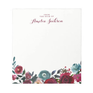 Blue Burgundy Floral Personal Note Stationery Notitieblok
