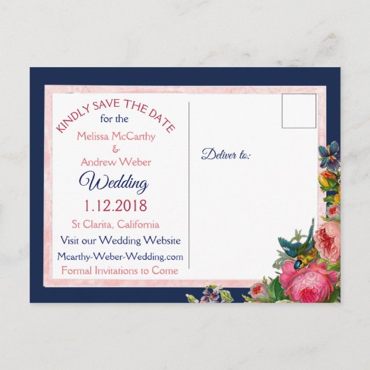 Blue Burgundy Floral Save the Date Briefkaart (Achterkant)