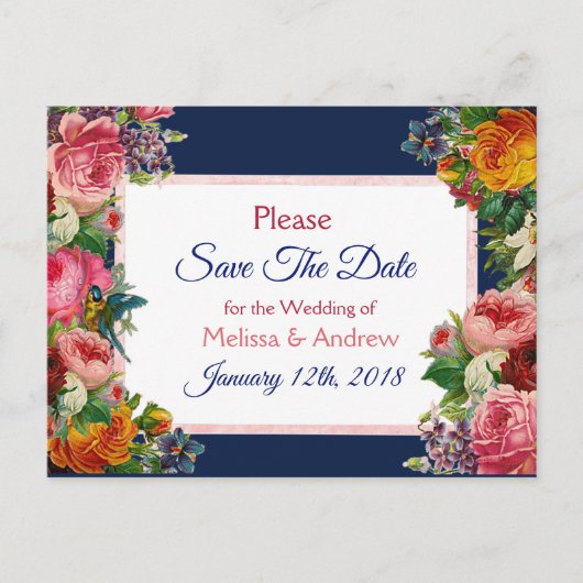 Blue Burgundy Floral Save the Date Briefkaart (Voorkant)