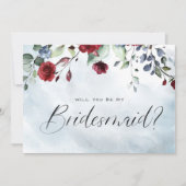 Blue Burgundy Floral Waterverf Script Bridesmaid Kaart (Voorkant)