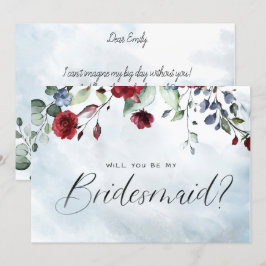 Blue Burgundy Floral Waterverf Script Bridesmaid Kaart
