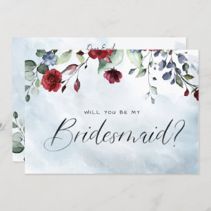 Blue Burgundy Floral Waterverf Script Bridesmaid Kaart