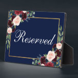 Blue Burgundy Floral Wedding Gereserveerd 5x7 Tabe Fotoplaat<br><div class="desc">Waterverf Floral Burgundy Marsala Blue Gold Wedding Gereserveerd 5x7 Tafel Plaque</div>