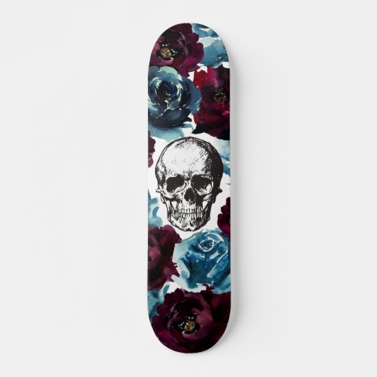Blue Burgundy Flowers Skull GIrly Edgy Persoonlijk Skateboard (Voorkant)